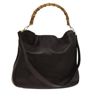 GUCCI Bamboo Shoulder Bag Leather 2way Brown Gold Auth 139168